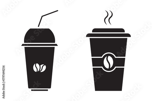 A versatile set of takeaway coffee cup icons, featuring different lid styles, coffee bean logos, and whipped cream toppings. Designed in both outline and filled styles, perfect for cafes, branding.