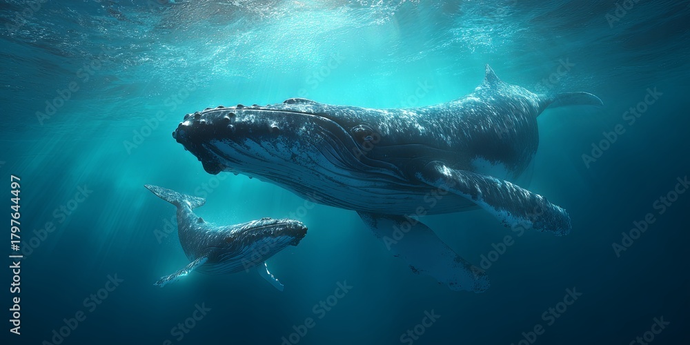 Fototapeta premium A majestic adult whale swimming gracefully in clear turquoise waters alongside its playful calf showcasing nature s beauty and the bond between mother and child