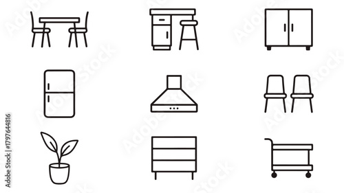 Minimal monochrome kitchen and dining furniture icon set in flat style