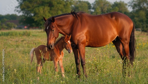 On a beautiful summer evening, a brown mare lovingly nurtures her small foal, emphasizing maternal bonding.