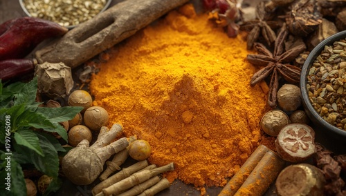 Fototapeta Naklejka Na Ścianę i Meble -  Turmeric powder, known for its anti-inflammatory properties, beneficial addition to health-focused meals
