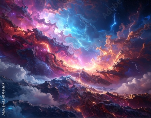 Wallpaper Mural Dramatic view of fiery, illuminated, colorful clouds with mountains below and electric flashes Torontodigital.ca