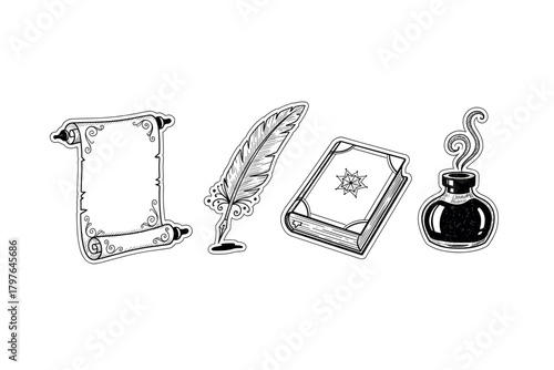 Vintage writing tools set: scroll, quill, book, and ink bottle illustration