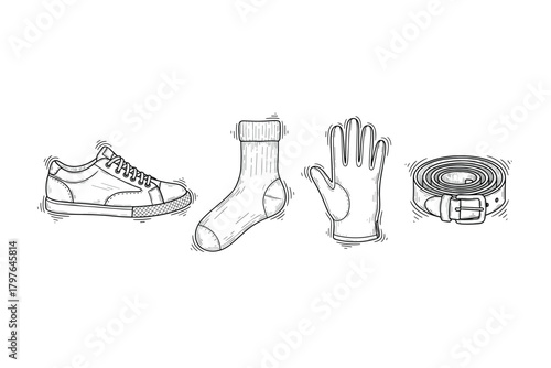 Monochrome sketches of shoe, sock, glove, and belt in line art style
