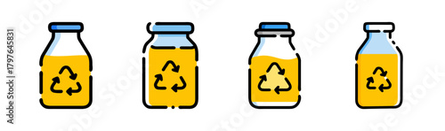 Recycled bottles with yellow liquid icon set for eco-friendly packaging