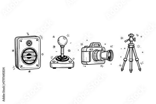 Hand-drawn retro speaker, joystick, camera, and tripod illustration