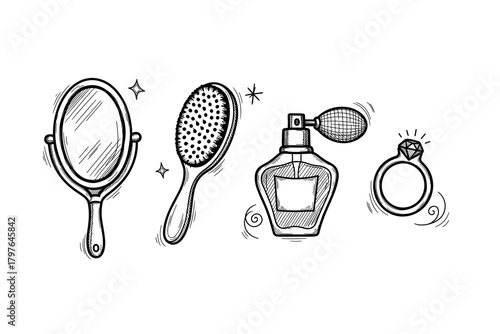 Hand-drawn vanity items: mirror, brush, perfume, ring illustrations
