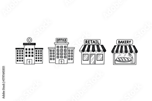 Hand-drawn building icons: hospital, office, retail, bakery