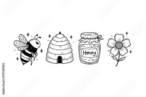 Hand-drawn bee and honey elements with beehive, jar, and flower