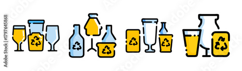 Recycling symbols on diverse glass, plastic, and carton containers.