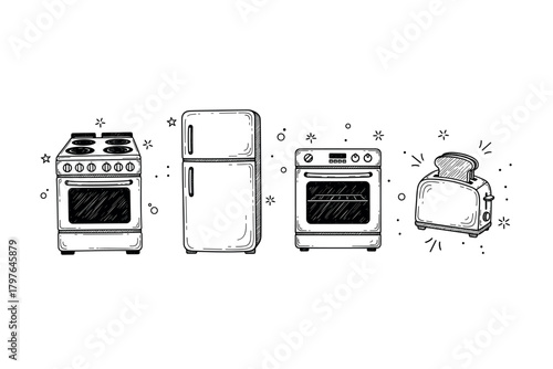 Vintage kitchen appliances illustration: stove, fridge, oven, toaster in black and white