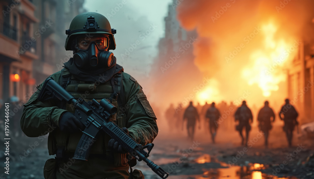 Fototapeta premium Soldier holds rifle in destroyed city. Masked person stands guard among armed men. Man in helmet looks ahead in war zone with fire and smoke. Military patrol in combat.