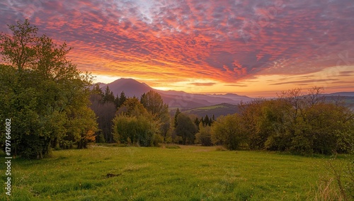 Fototapeta Naklejka Na Ścianę i Meble -  Sunset panorama of a mountainous region, highlighting seasonal change