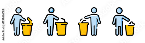 Person putting trash in waste bin outline icons, environment hygiene
