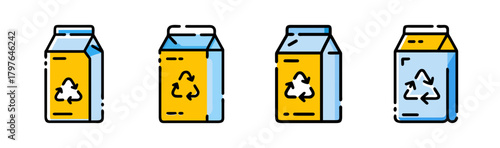 Recyclable milk carton icons set. eco-friendly packaging and sustainability