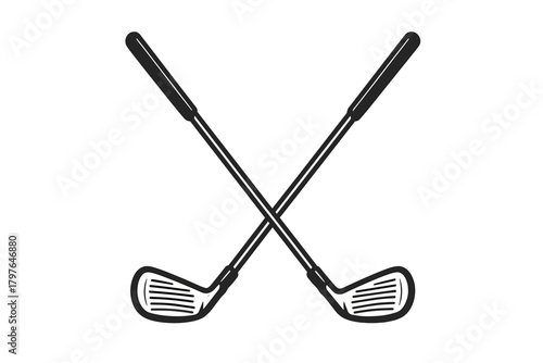 Stylized monochrome crossed golf clubs symbol for sports and leisure branding
