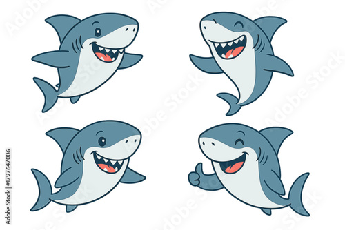 Cute cartoon sharks set with happy expressions and open mouths showing teeth