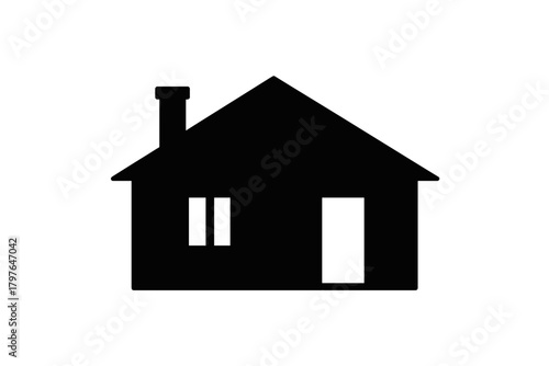 Minimalist black silhouette of a residential house with chimney and window