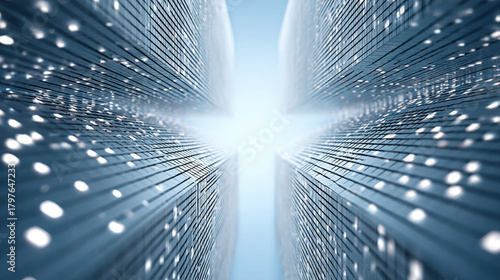 Skyscraper facade with reflective glass panels and bright light between buildings creating futuristic and high tech urban atmosphere