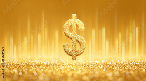 Golden dollar symbol shines brightly with sparkling glitter background, representing investment, wealth, and economic growth in vibrant scene