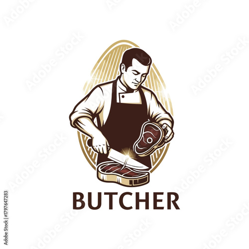 Butcher expertly cutting meat with precision and focus, culinary professional.