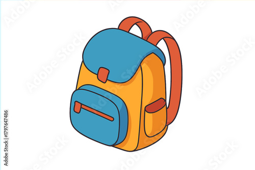 Colorful cartoon backpack with blue flap and orange straps for school or travel