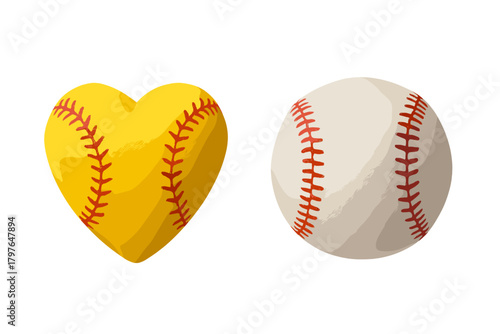 Yellow softball heart shape next to a classic white baseball with red stitching