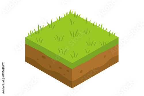 Isometric cross-section of a square patch of green grass and layered brown soil