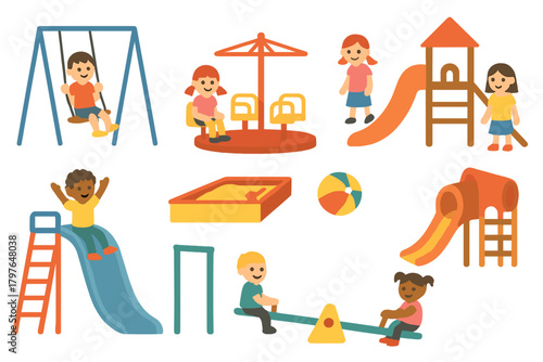 Happy children playing on a swing set, slide, seesaw, and merry-go-round at the park playground