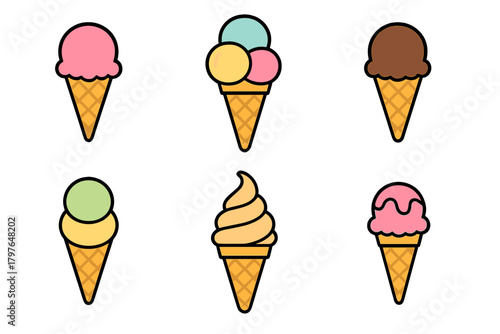 Collection of six colorful scoops and soft serve frozen dessert cones representing various popular flavors