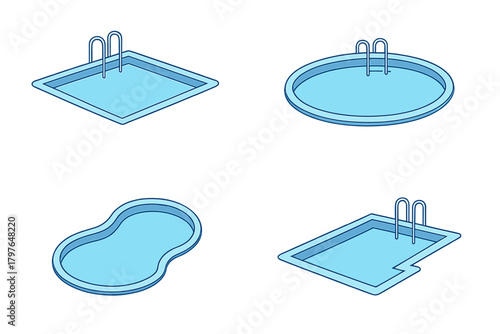Isometric swimming pools set featuring various shapes including square, oval, and kidney designs