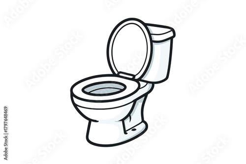 Clean white ceramic toilet bowl with the seat and lid open isolated on a plain background