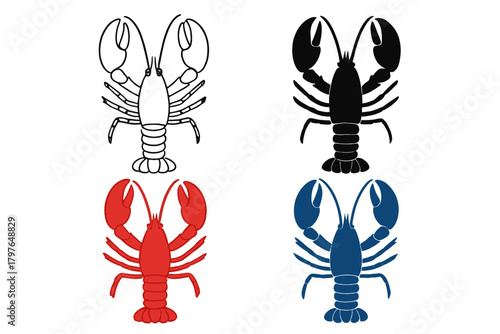 Marine lobster icon set featuring outline black silhouette red and blue versions for seafood design