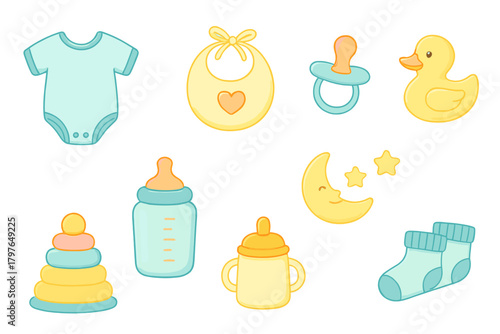 Cute collection of essential newborn items including a bodysuit, bib, pacifier, and rubber duck toy