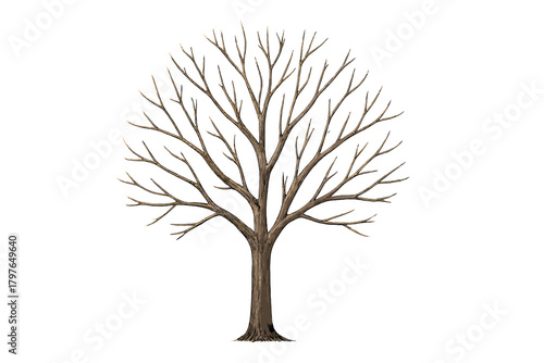 Detailed bare deciduous tree structure with trunk and branches isolated on white background
