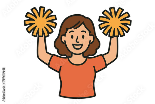 Smiling woman cheering with bright orange pom-poms supporting her team
