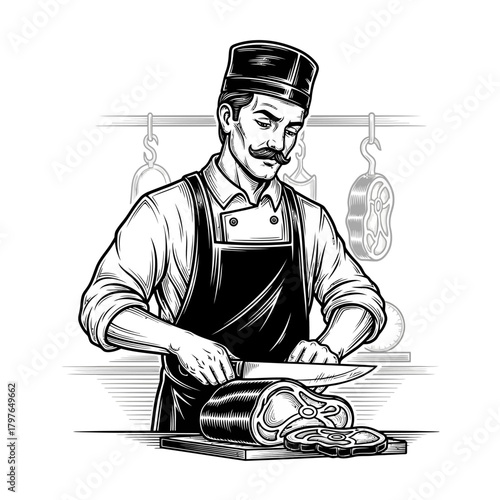 Butcher expertly slicing meat with precision and focus in a professional setting.