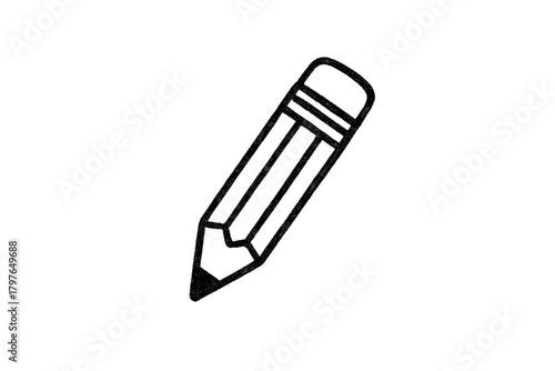 Simple black outline of a sharpened wooden pencil with an eraser on a white background