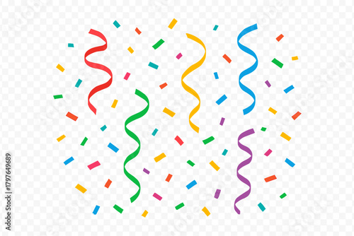 Brightly colored falling confetti pieces and swirling serpentine ribbons for party backgrounds and festive events