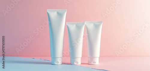 Wallpaper Mural Three cosmetic tubes standing on a split pink and blue surface. The clean minimalistic style enhances product branding. Suitable for advertising skincare beauty spa treatments. Torontodigital.ca