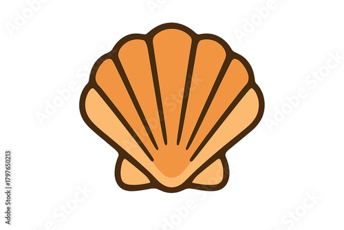 Stylized orange and brown scallop shell representing marine life and summer vacation