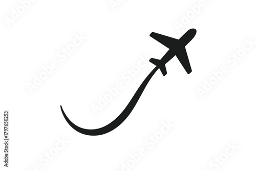 Black silhouette of an airplane flying upward following a curved path for air travel