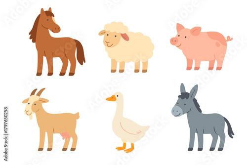 Cute set of domestic farm animals including horse, sheep, pig, goat, goose, and donkey isolated on white background