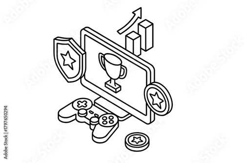 Isometric gaming success concept with controller, trophy, shield, and rising progress chart