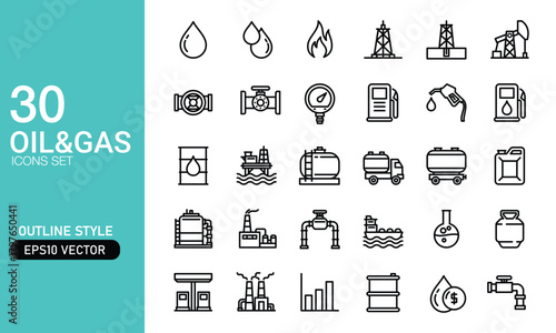 Outline style collection of 30 oil and gas icons on