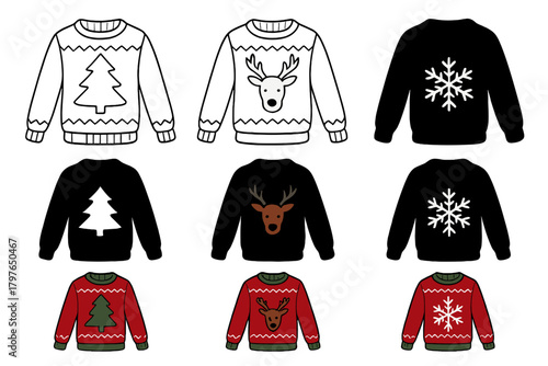 Collection of nine ugly Christmas sweaters with festive holiday patterns and motifs