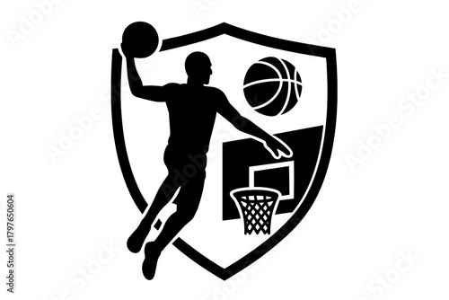 Basketball player silhouette dunking inside a sports shield logo design emblem