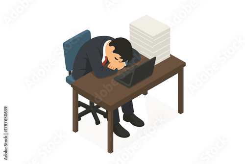 Tired worker sleeping on desk overwhelmed by paperwork and laptop