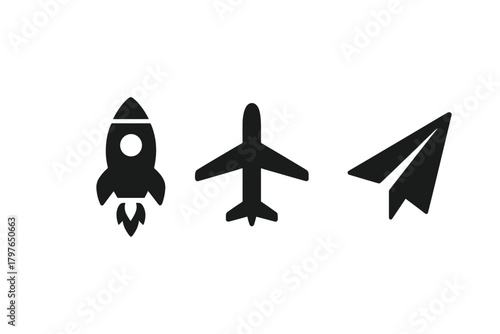 Rocket ship, commercial airplane, and paper plane silhouettes representing travel and communication
