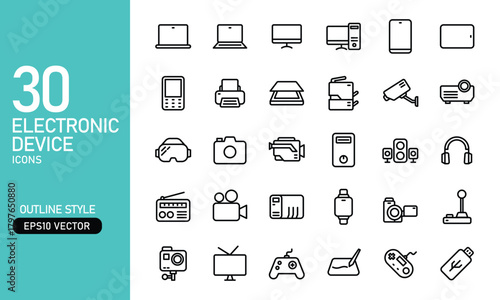Collection of 30 electronic device icons in a flat, outline style on a teal background